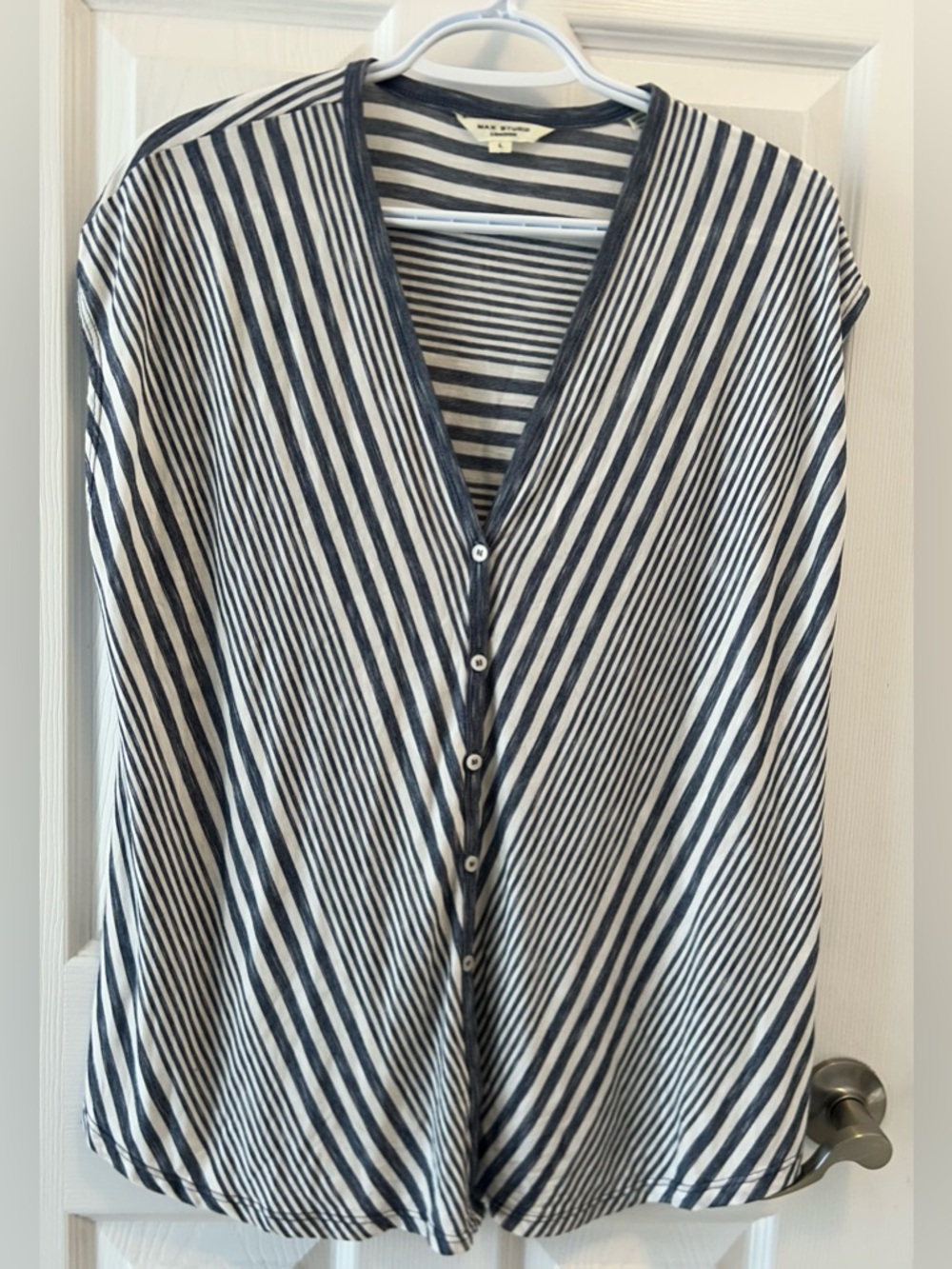 Max Studio Navy and White Striped Button-Down V-Neck Top